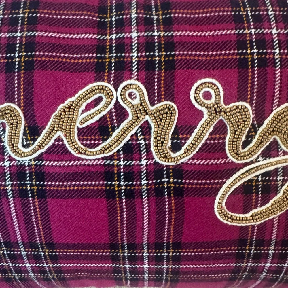 Pier 1 Plaid Merry Beaded Holiday Pillow